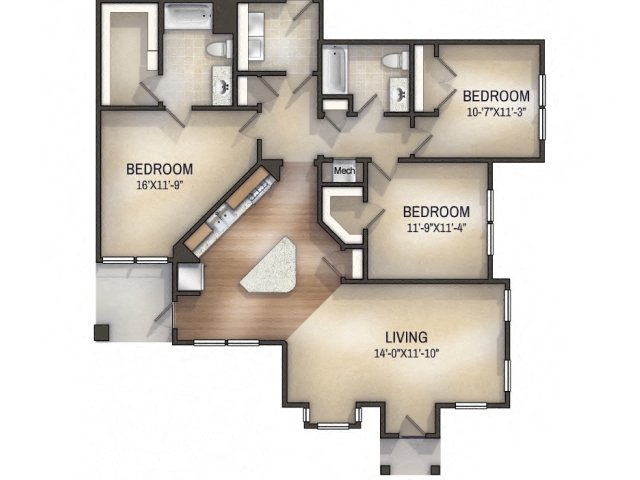 Floor plan for 3 beds, 2 baths, 1458 sqft